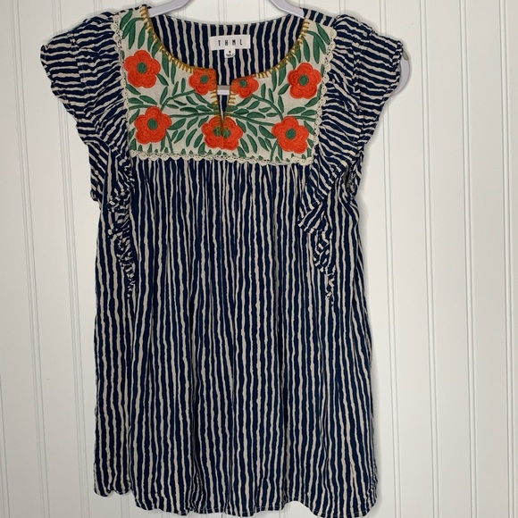 THML Tops - THML blue white striped embroidered short sleeve S